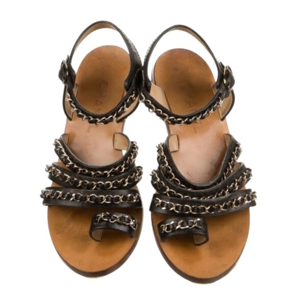 Chanel Chain CC Gladiator Sandals Black Size 39.5 $1025 - Picture 2 of 12